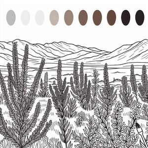 A drawing of a desert landscape with mountains in the background