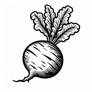 A black and white drawing of a turnip