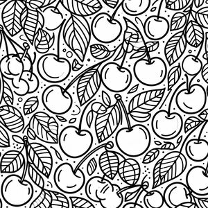 A black and white drawing of apples and leaves