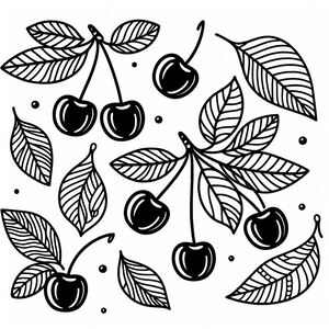 A black and white drawing of cherries and leaves