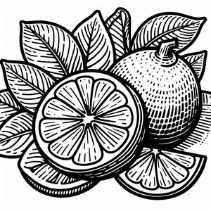 A black and white drawing of lemons and leaves