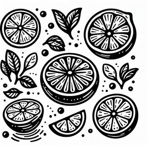 A black and white drawing of sliced oranges