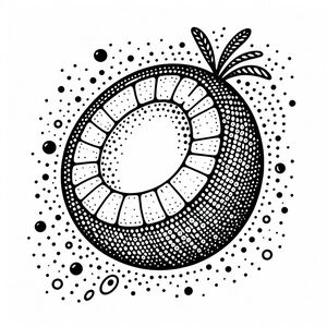 A black and white drawing of a fruit