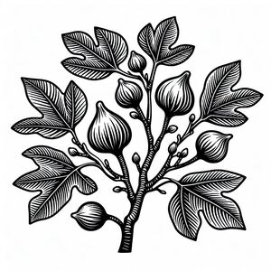 A black and white drawing of a tree with leaves
