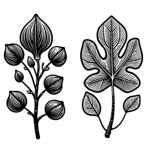 A black and white drawing of two leaves