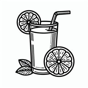 A black and white drawing of a glass of lemonade