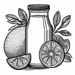 A drawing of a bottle of lemonade next to sliced lemons
