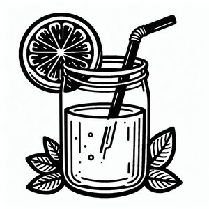 A jar of lemonade with a straw and a slice of lemon