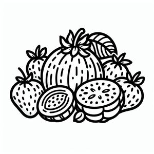 A black and white drawing of a bunch of fruit