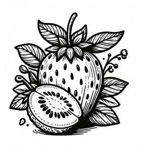 A black and white drawing of a strawberry