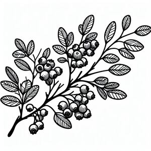 A black and white drawing of berries on a branch