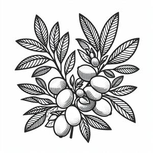 A black and white drawing of a bunch of fruit