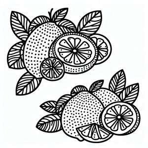 A black and white drawing of lemons with leaves