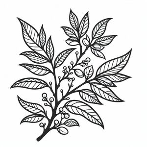 A black and white drawing of a branch with leaves