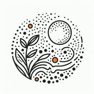 A black and white drawing of a plant and a moon