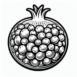 A black and white drawing of a pomegranate