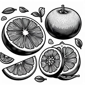 A black and white drawing of sliced oranges