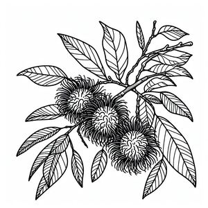 A black and white drawing of a branch with leaves