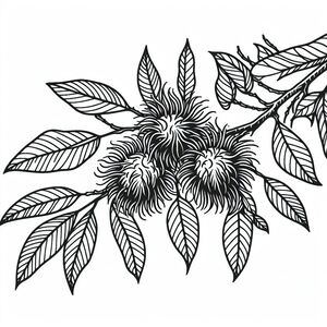 A black and white drawing of leaves on a branch