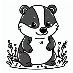 A black and white drawing of a raccoon