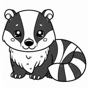 A raccoon sitting down with a striped tail