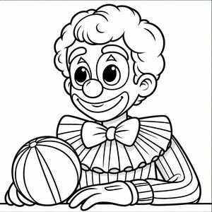 The clown is sitting with the ball on the table