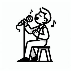 The singer sits and holds the microphone to sing