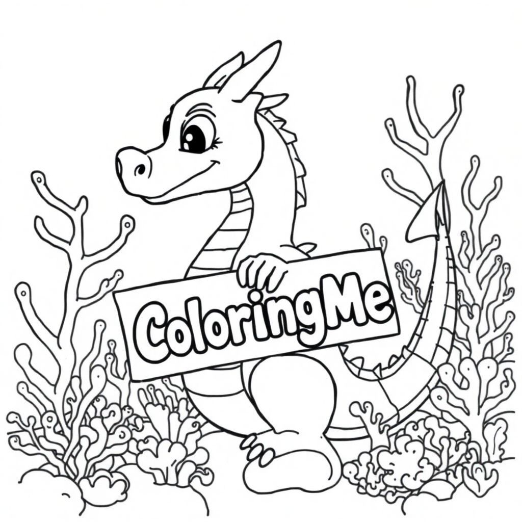 A profile view of a friendly dragon, holding a sign with "ColoringMe" written in white bubble letters, in profile, in a underwater coral reef kingdom, surrealist style