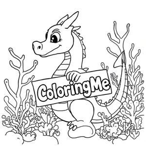 A profile view of a friendly dragon, holding a sign with "ColoringMe" written in white bubble letters, in profile, in a underwater coral reef kingdom, surrealist style