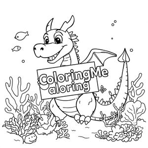 An overview of a friendly dragon, holding a sign with "ColoringMe" written in white letters in an underwater coral lake, surreal style