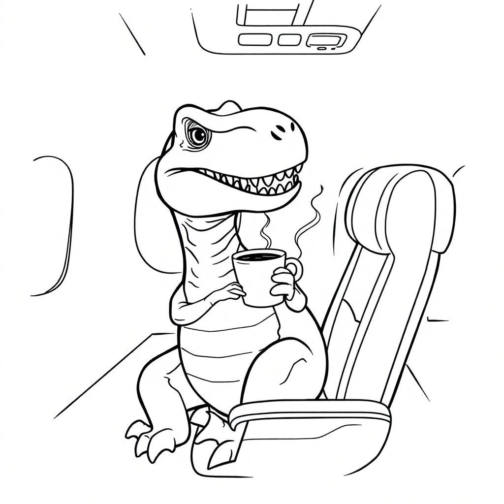 Một con T-Rex uống cappuccino trên máy bay