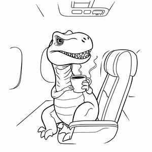 a t-rex drinking a cappuccino on a plane