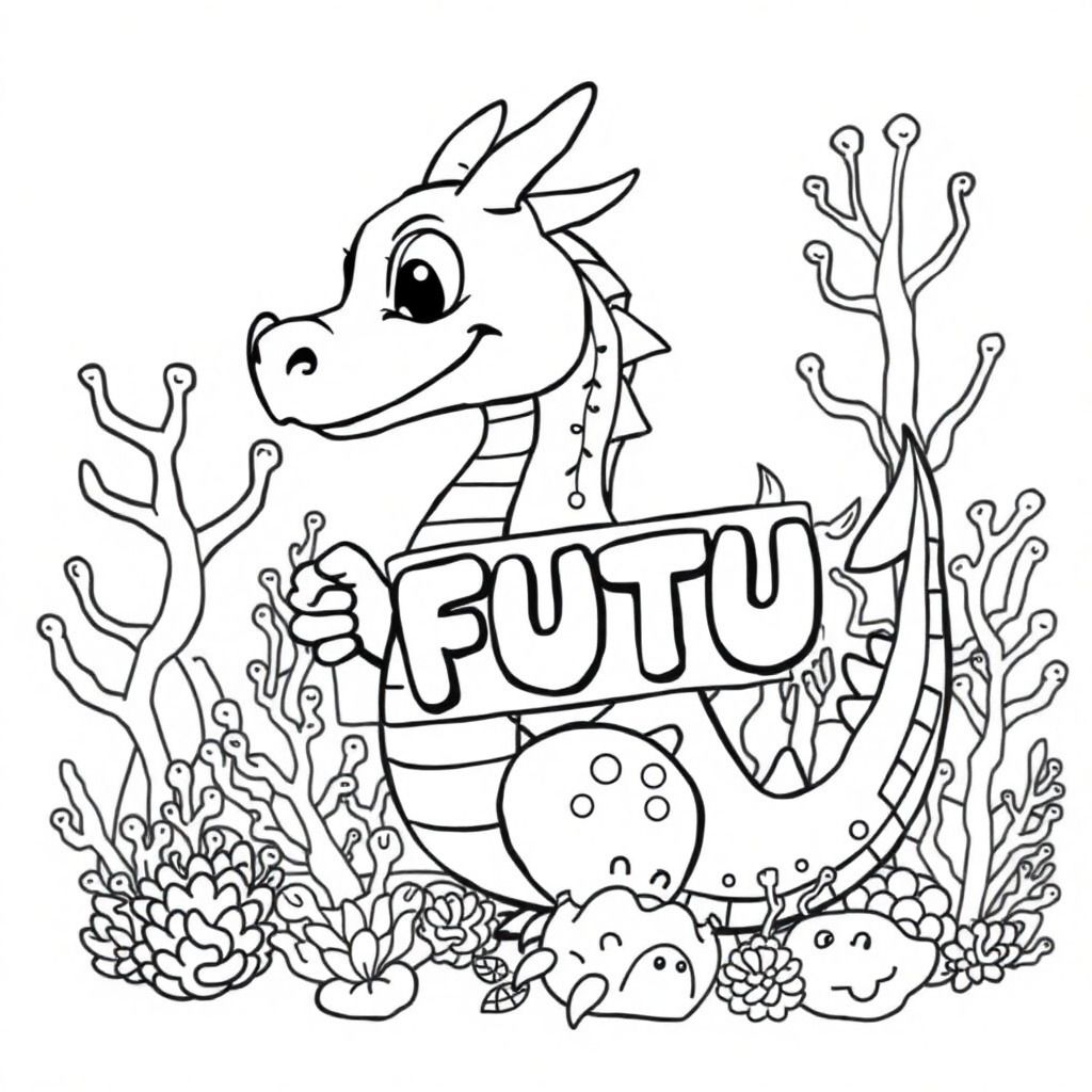A profile view of a friendly dragon, holding a sign with "FUTU" written in white bubble letters, in profile, in a underwater coral reef kingdom, surrealist style