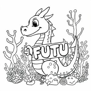 A profile view of a friendly dragon, holding a sign with "FUTU" written in white bubble letters, in profile, in a underwater coral reef kingdom, surrealist style