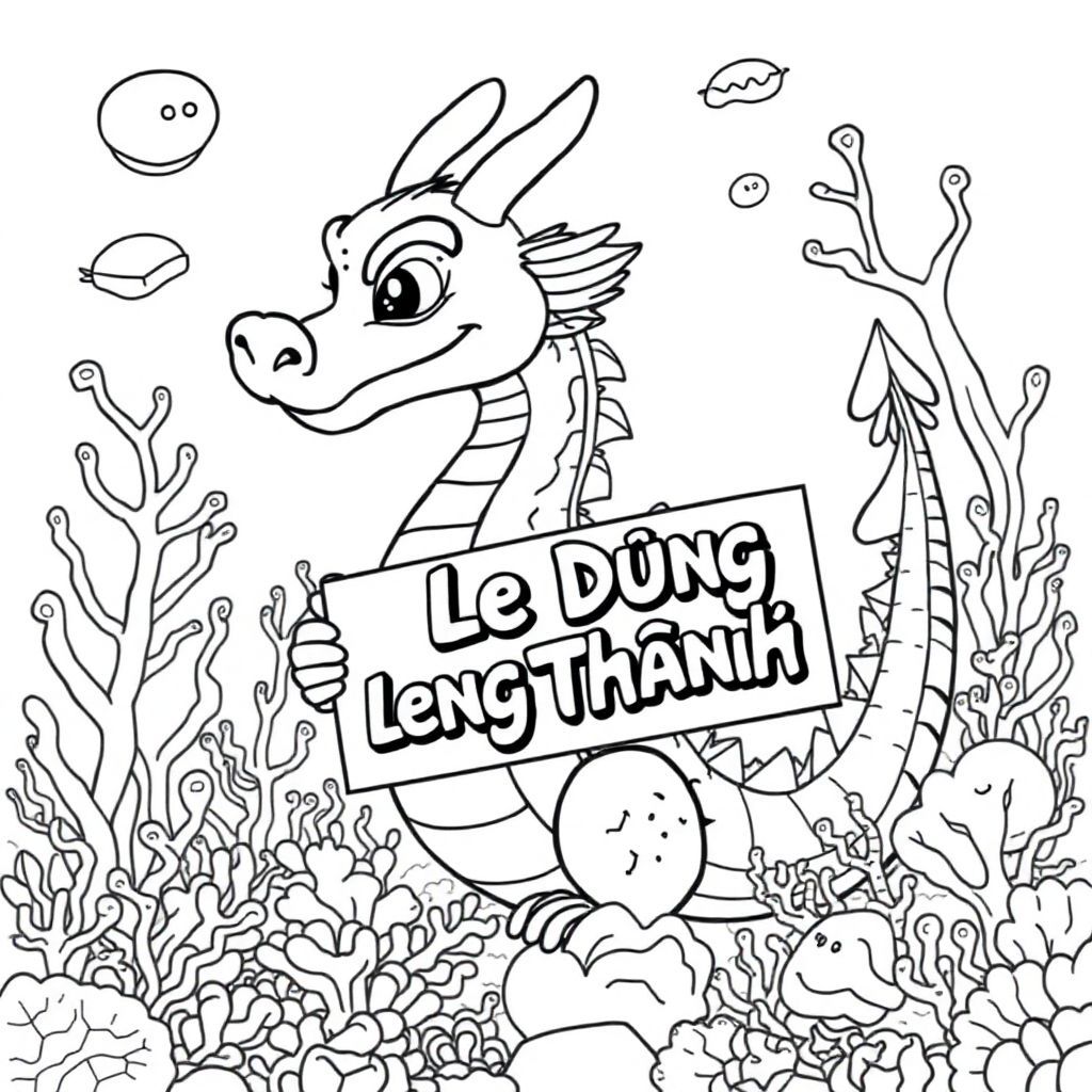A profile view of a friendly dragon, holding a sign with "Le Dung Thanh" written in white bubble letters, in profile, in a underwater coral reef kingdom, surrealist style