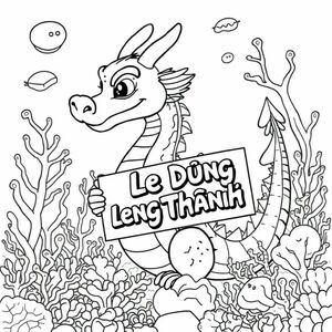 A profile view of a friendly dragon, holding a sign with "Le Dung Thanh" written in white bubble letters, in profile, in a underwater coral reef kingdom, surrealist style