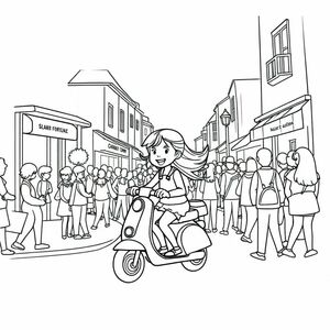 A girl ride a scooter on a crowed road in a small city