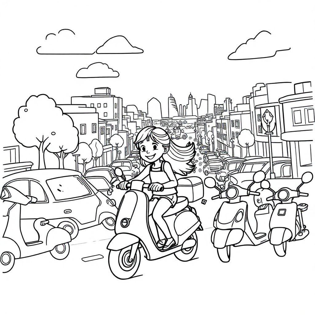 A young lass ride a scooter in a town crowed woth car and other scooters