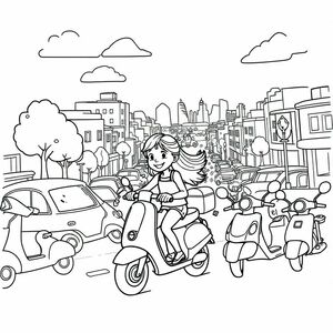 A young lass ride a scooter in a town crowed woth car and other scooters