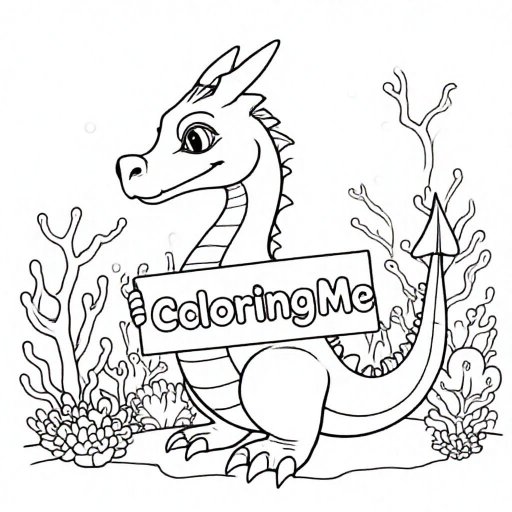 A profile view of a friendly dragon, holding a sign with "ColoringMe" written in white bubble letters, in profile, in a underwater coral reef kingdom, surrealist style, on the street