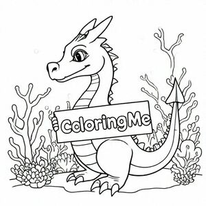 A profile view of a friendly dragon, holding a sign with "ColoringMe" written in white bubble letters, in profile, in a underwater coral reef kingdom, surrealist style, on the street