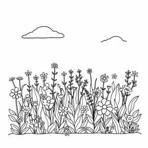 Flower garden with a variety of plants and flowers, with a sky
