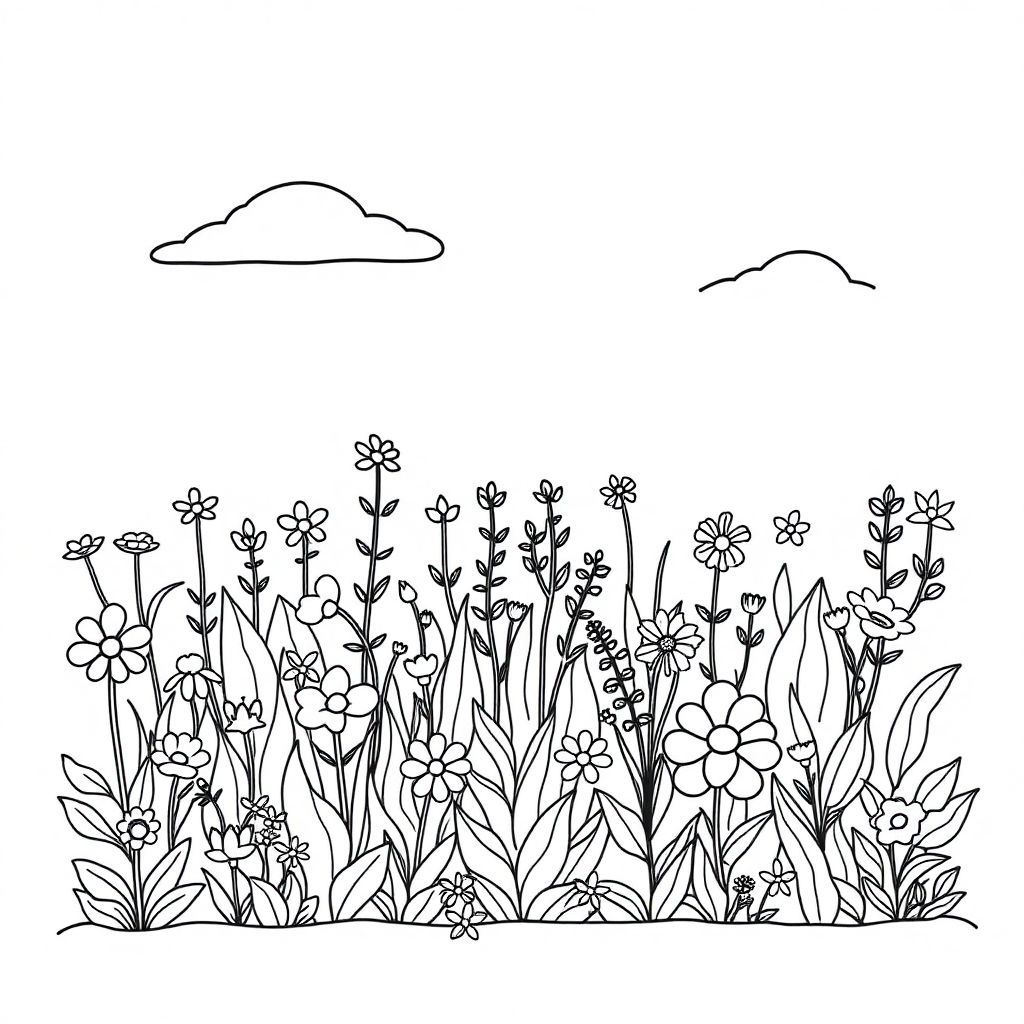 Flower garden with a variety of plants and flowers, with a sky
