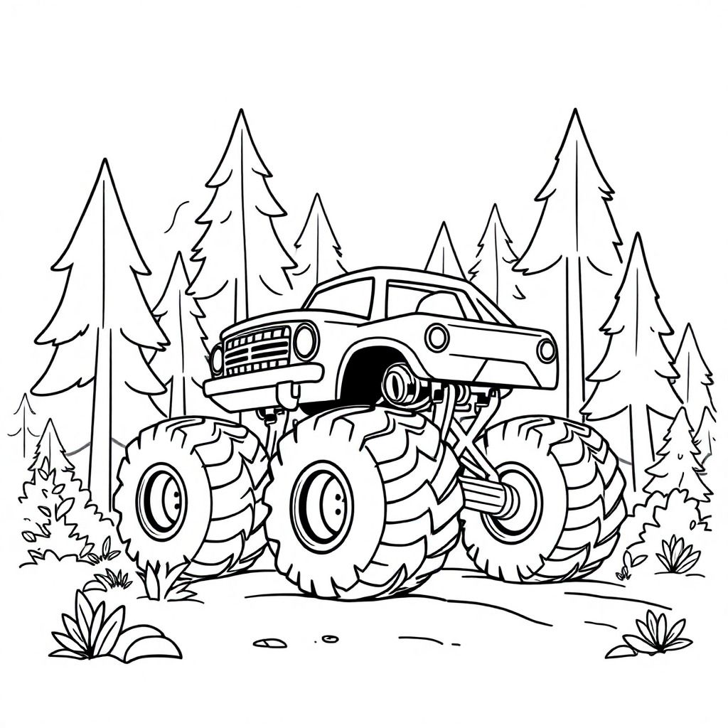 a monster truck driving in the forest, make it simple
