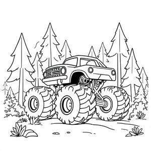 a monster truck driving in the forest, make it simple
