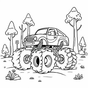 a monster truck driving in the forest
