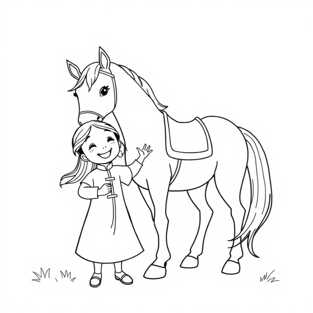 a horse, a little girl, ao dai