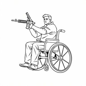 man on a wheel chair holding a gun