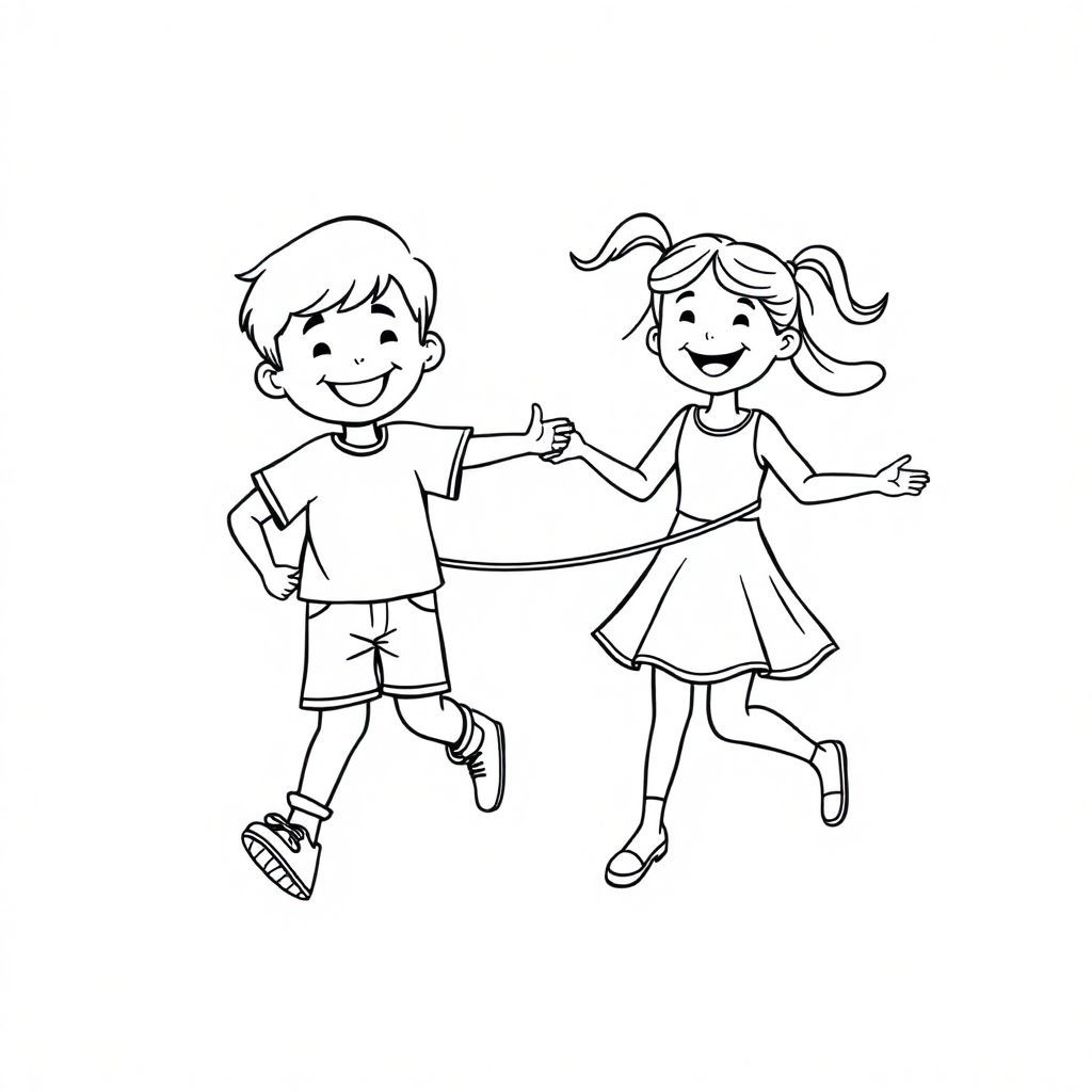 a boy and a girl skipping a rope together 