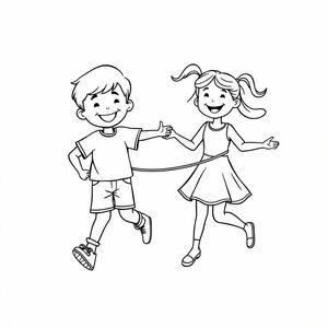 a boy and a girl skipping a rope together 
